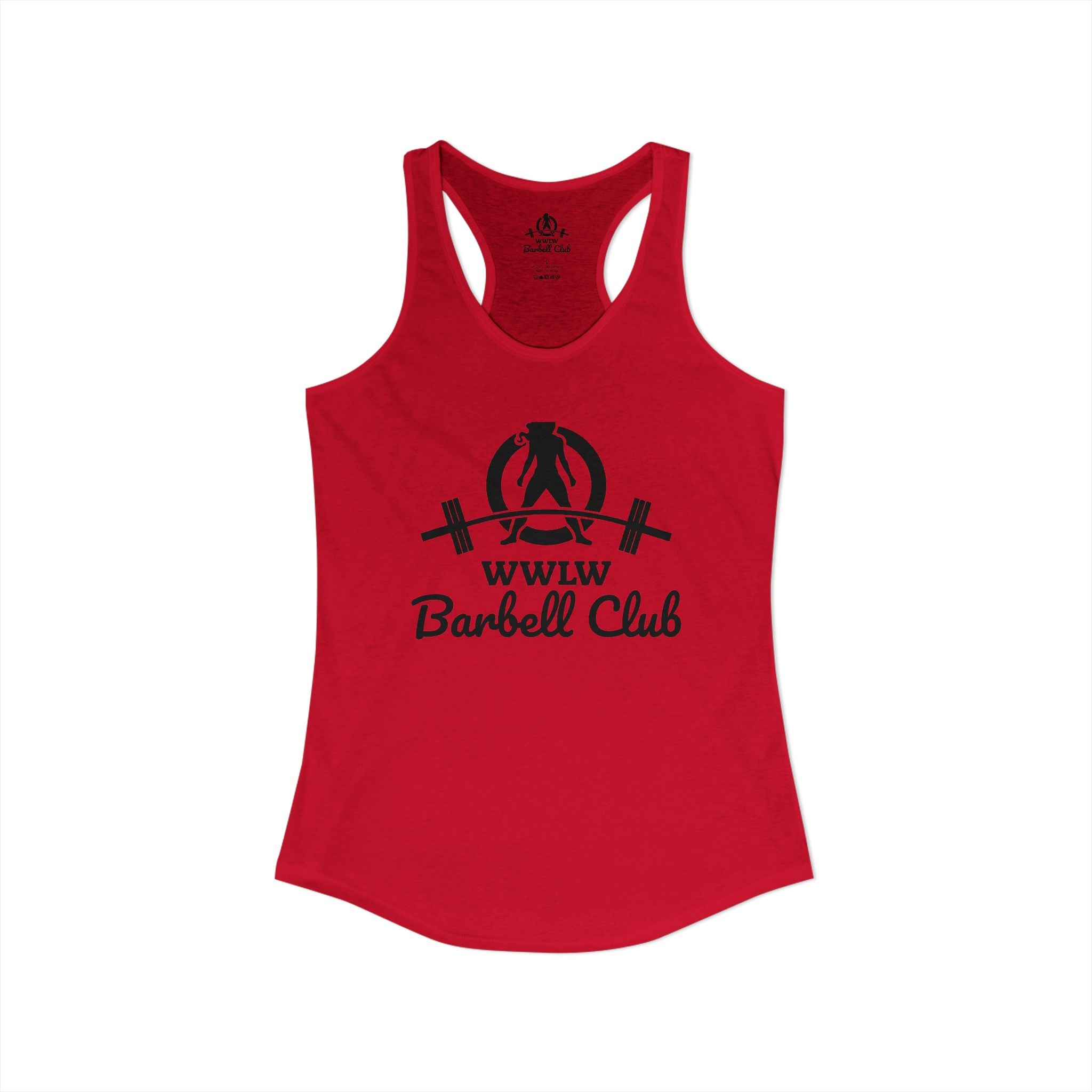WWLW Barbell Club - Women's Ideal Racerback Tank - Black Logo Front - Plain Back