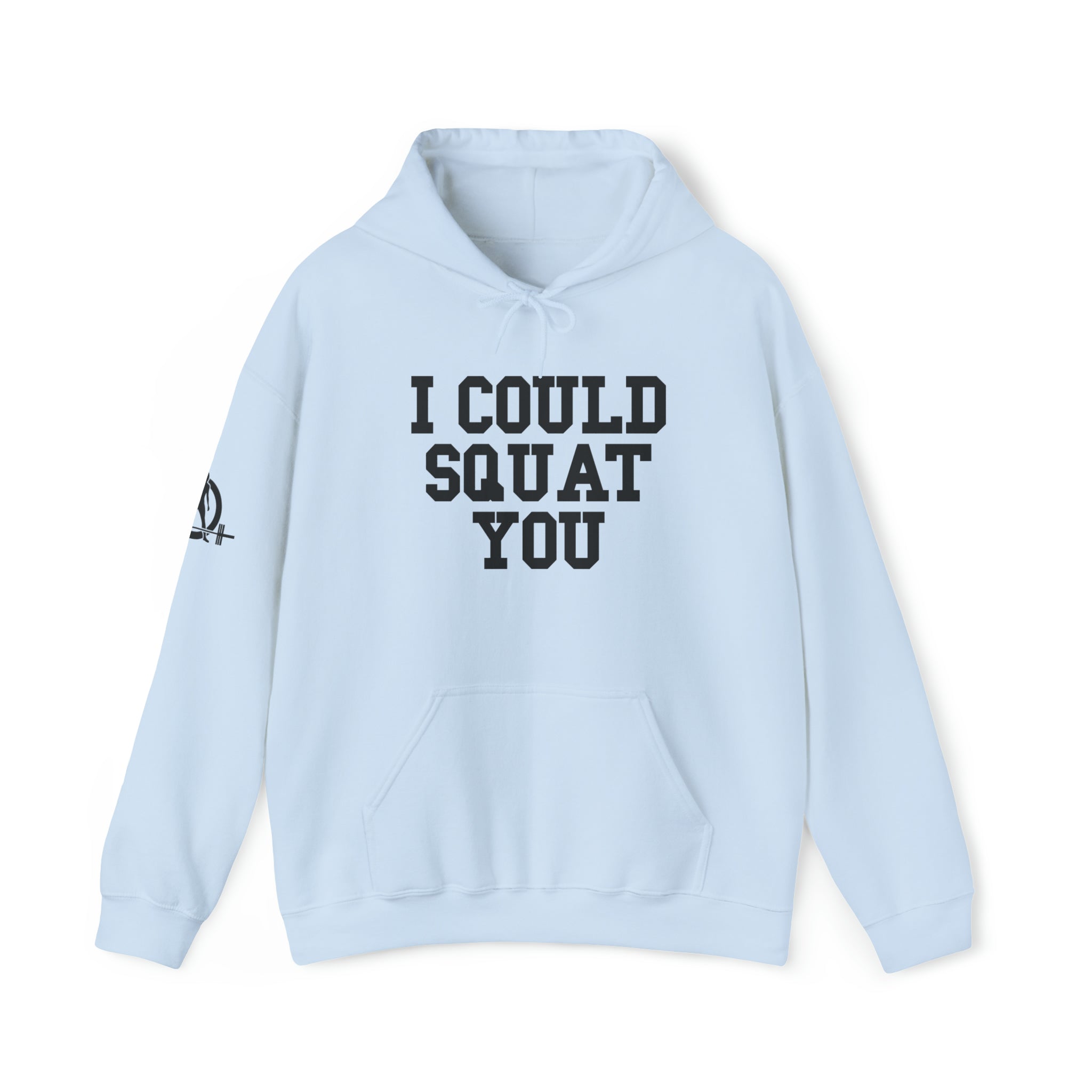 I Could Squat You - Classic Logo White - Unisex Heavy Blend Hooded Sweatshirt - Black Print on Front