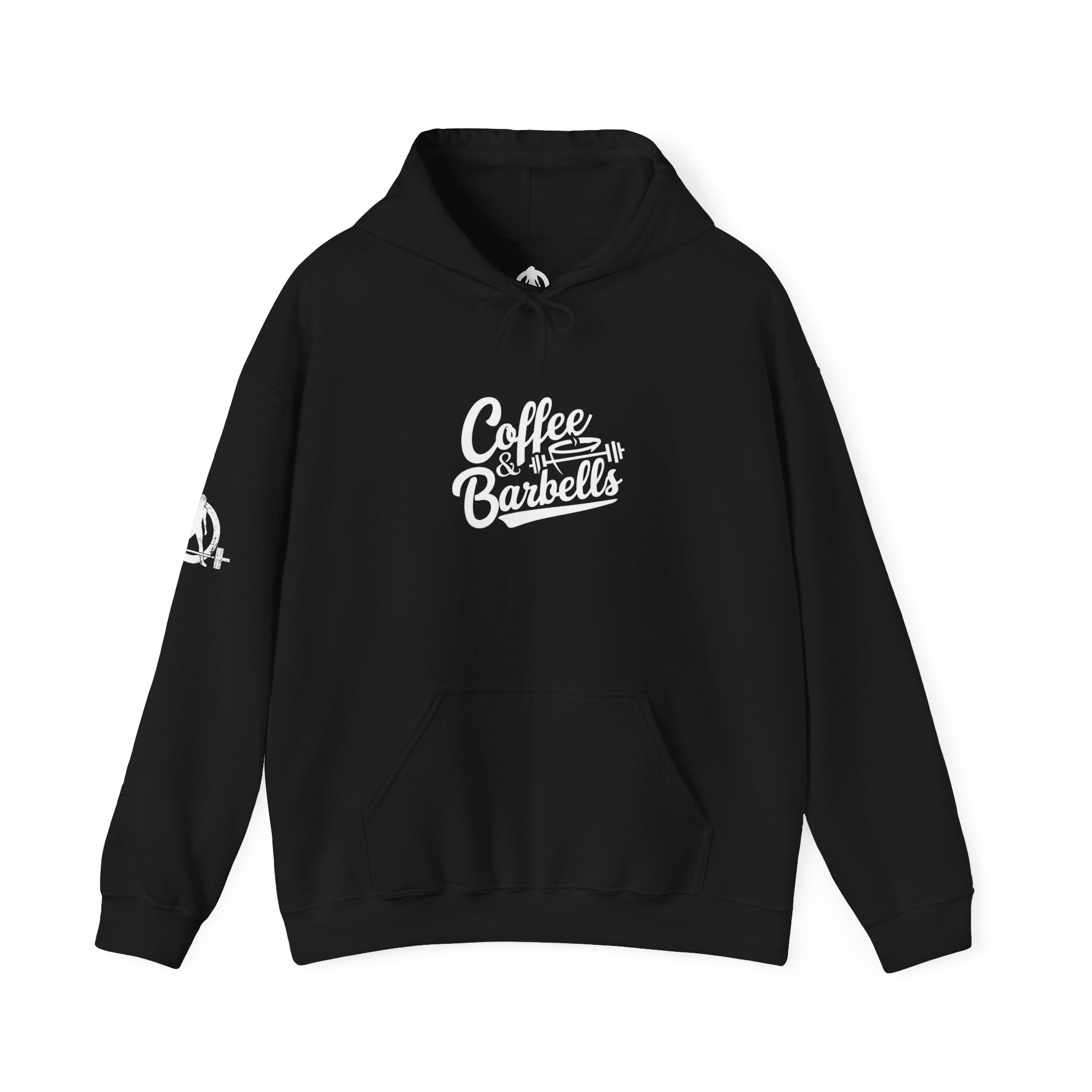 Coffee & Barbells - Unisex Heavy Blend Hooded Sweatshirt - White Logo on Front & Right Sleeve