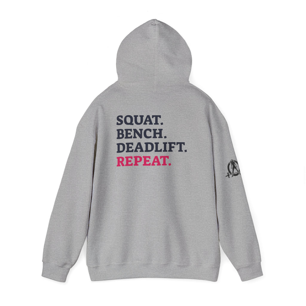 WWLW “Squat • Bench • Deadlift • Repeat” Hoodie - Black Logo Back