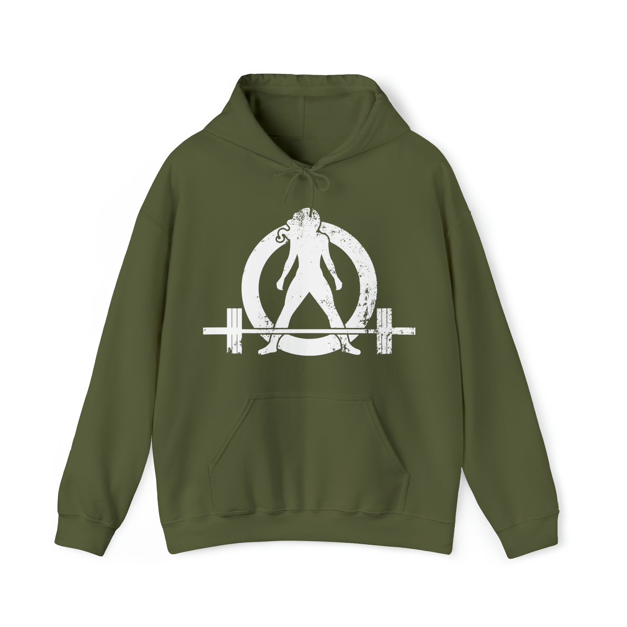 COFFEE and a Barbell  - Distressed White Logo  - Unisex Heavy Blend Hooded Sweatshirt