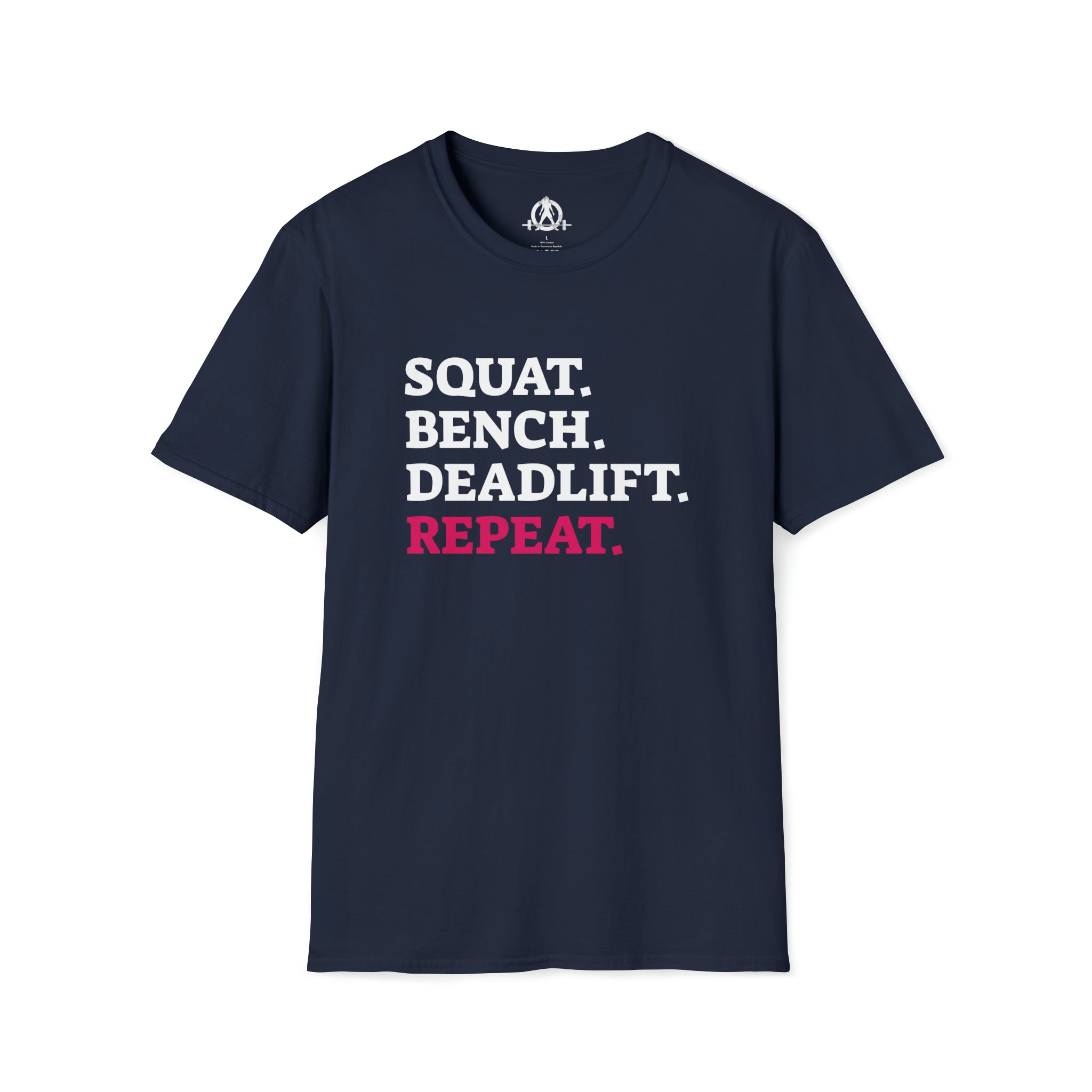 Squat Bench Deadlift Repeat - Unisex Softstyle T-Shirt - Black & Pink - Plain Back