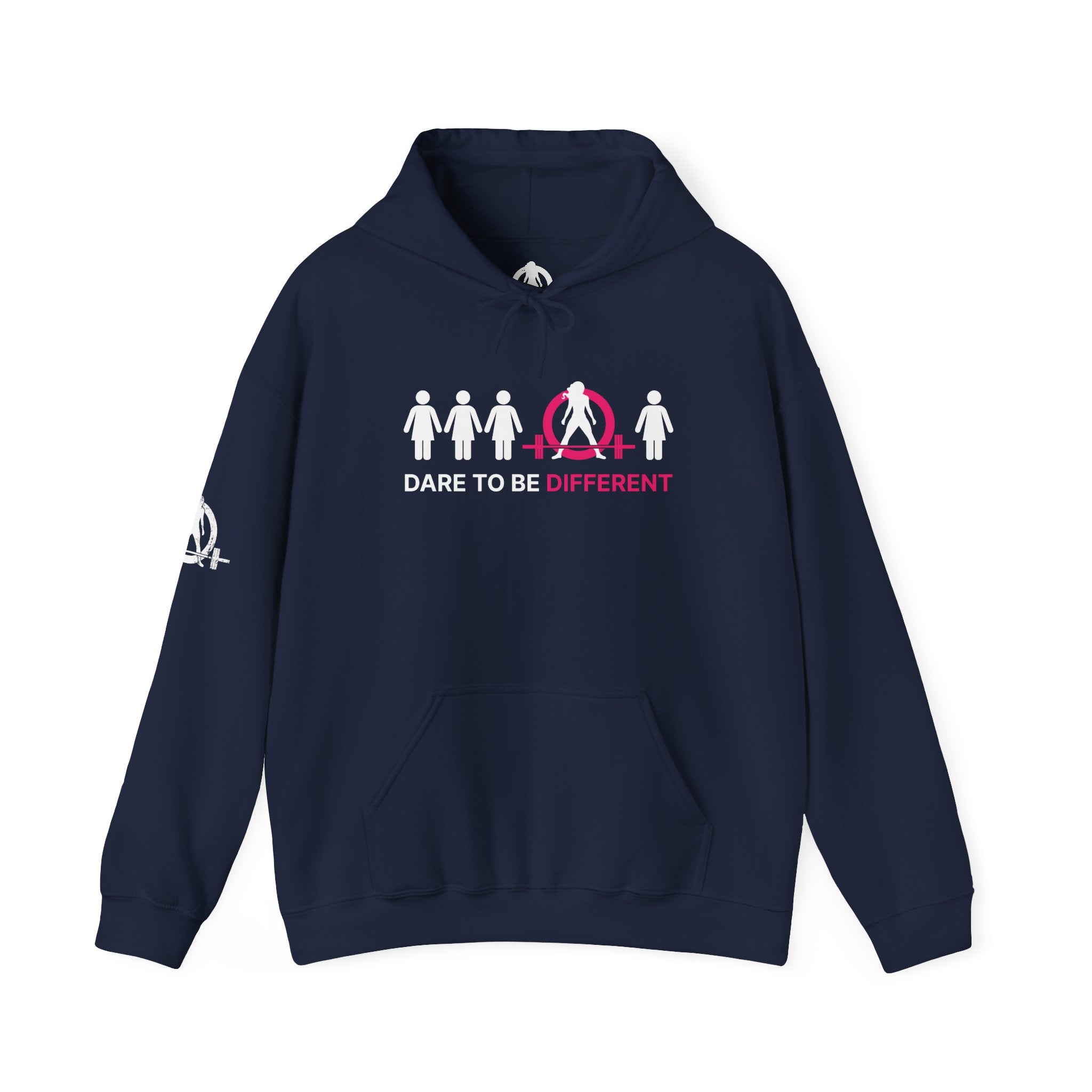 Dare To Be Different - Deadlift - Unisex Heavy Blend Hooded Sweatshirt - White Print on Front & Arm
