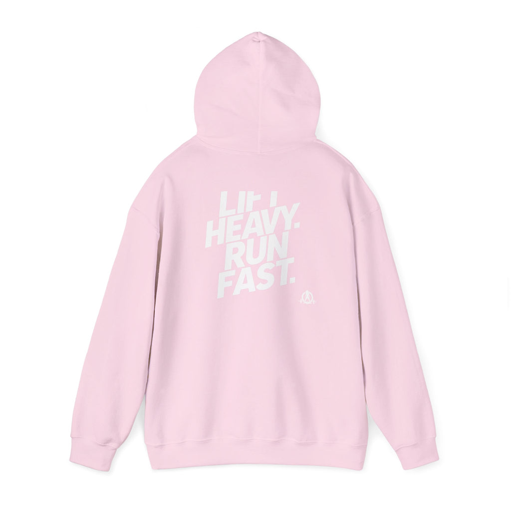Lift Heavy Run Fast - Unisex Heavy Blend Hooded Sweatshirt - Front White & Back Logo