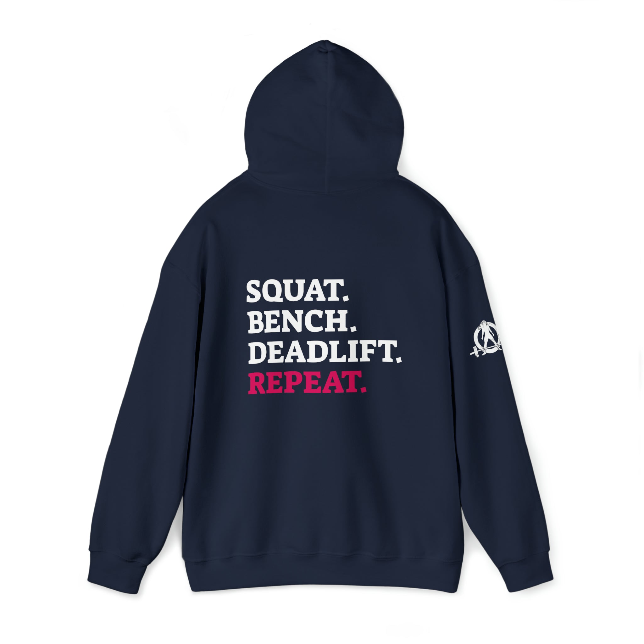 Squat Bench Deadlift Repeat - Unisex Heavy Blend Hooded Sweatshirt - Dark White Logo - Pink - SBDR on BACK