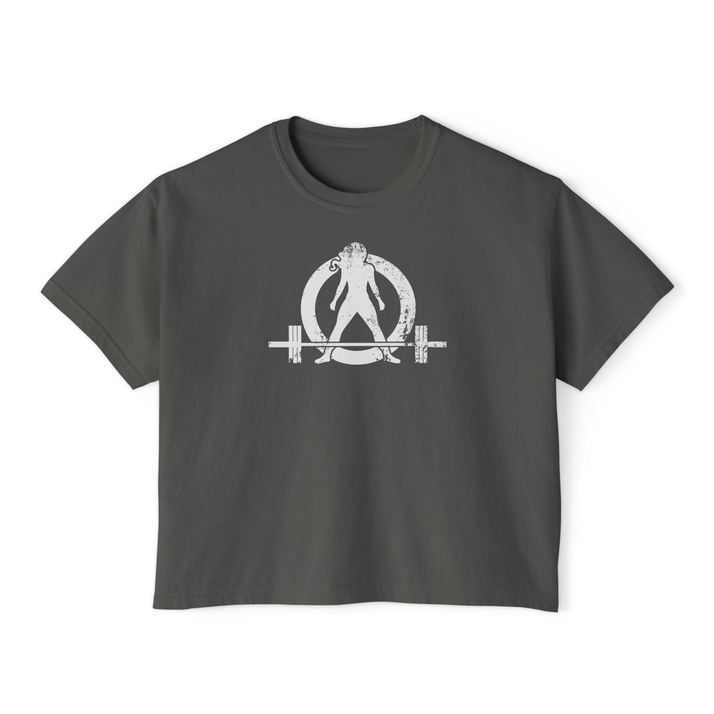 Women's Boxy Tee - White Distressed Logo Front Plain Back
