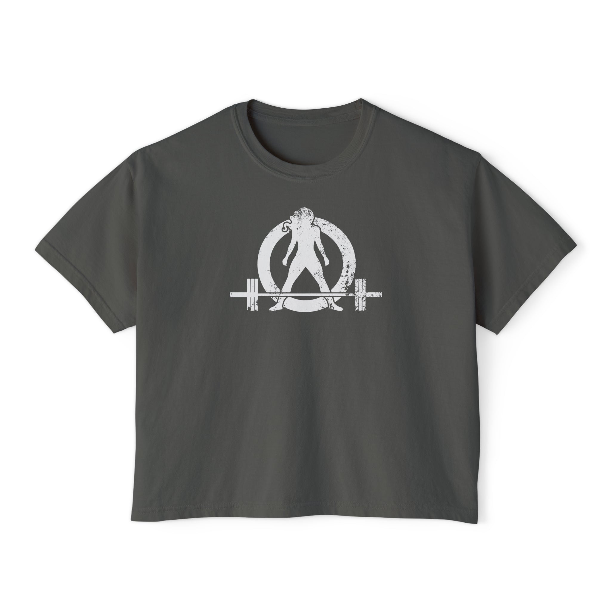 Women's Boxy Tee - White Distressed Logo Front Plain Back