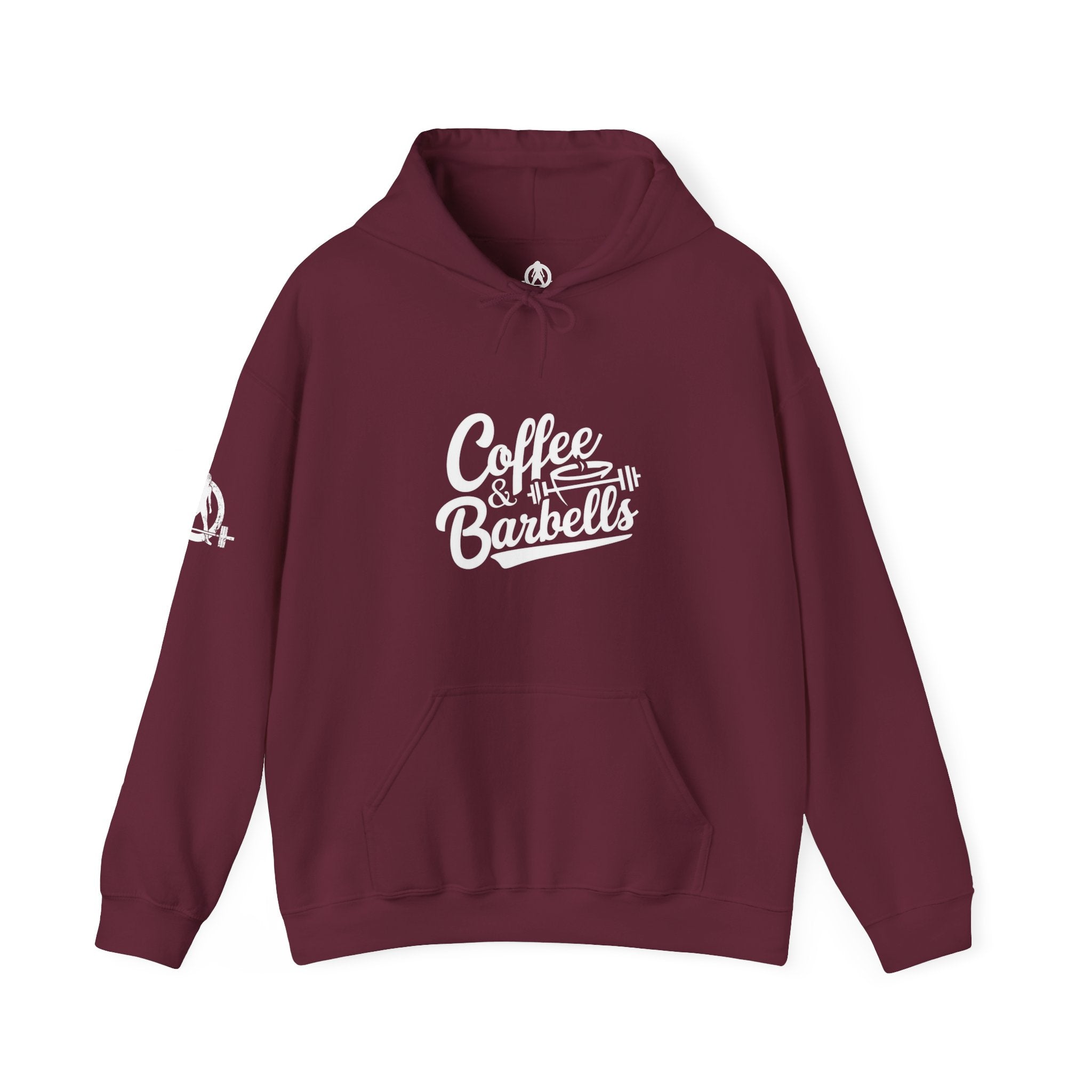 Coffee & Barbells - Unisex Heavy Blend Hooded Sweatshirt - White Logo on Front & Right Sleeve