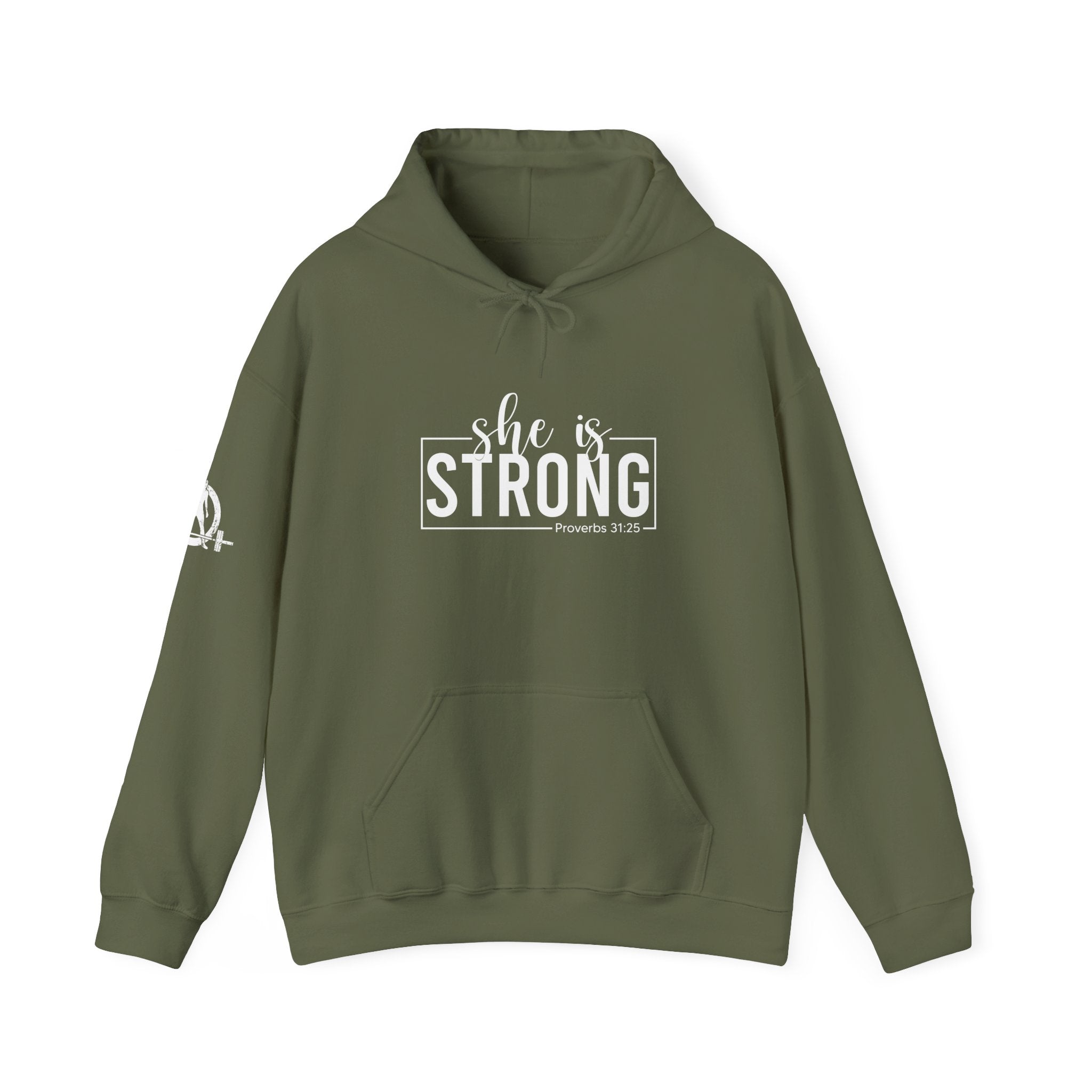She is STRONG - Unisex Heavy Blend Hooded Sweatshirt - White Logo