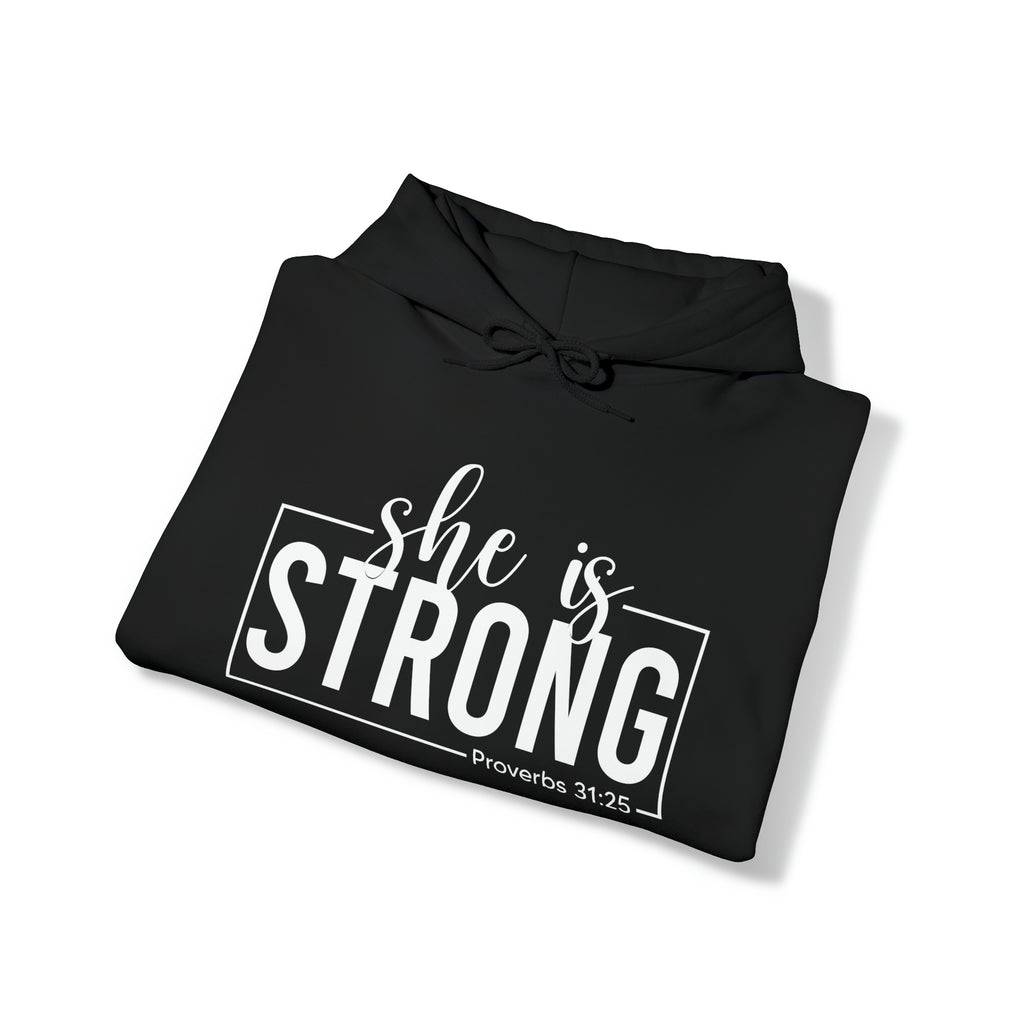 She is STRONG - Unisex Heavy Blend Hooded Sweatshirt - White Logo -  Plain Back