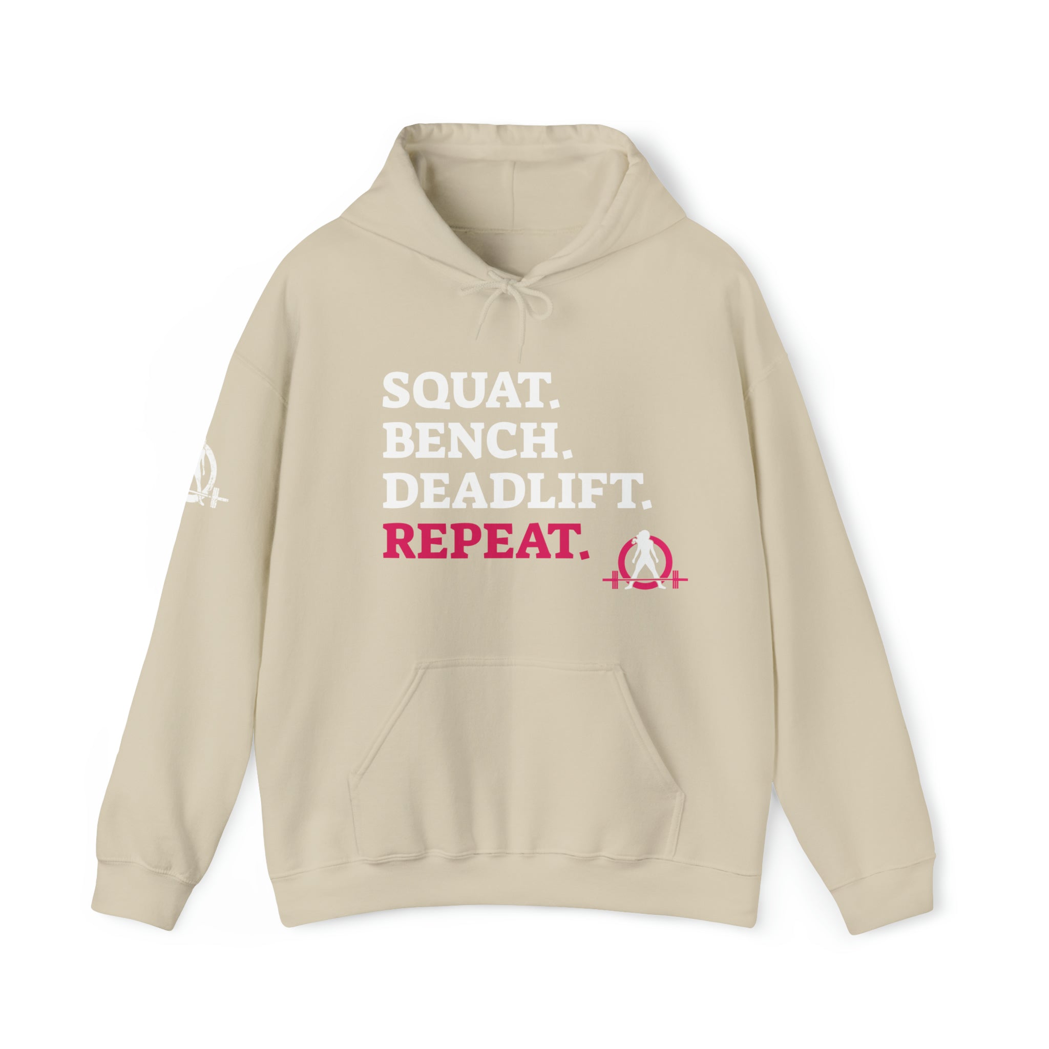 Squat Bench Deadlift Repeat - Unisex Heavy Blend Hooded Sweatshirt - Dark WWLW Logo - Pink - Plain Black