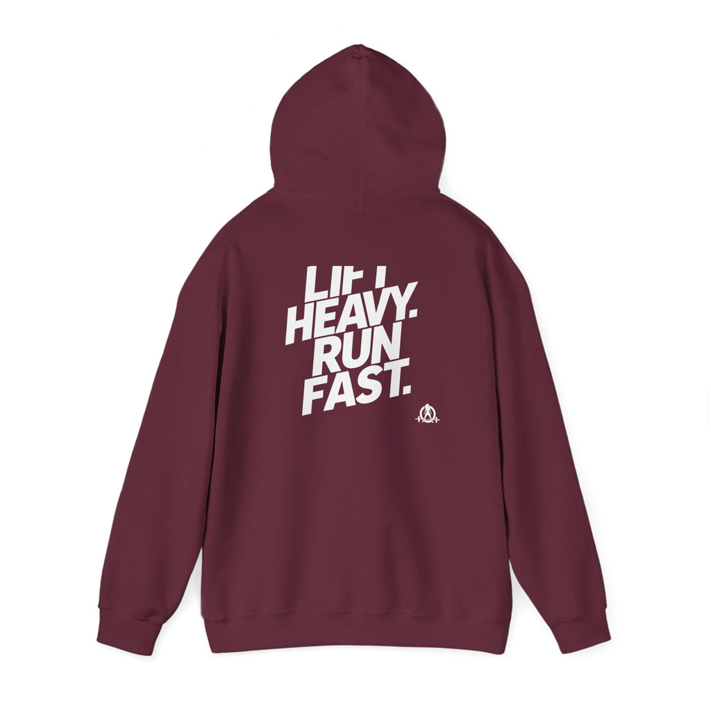 Lift Heavy Run Fast - Unisex Heavy Blend Hooded Sweatshirt - Front White & Back Logo