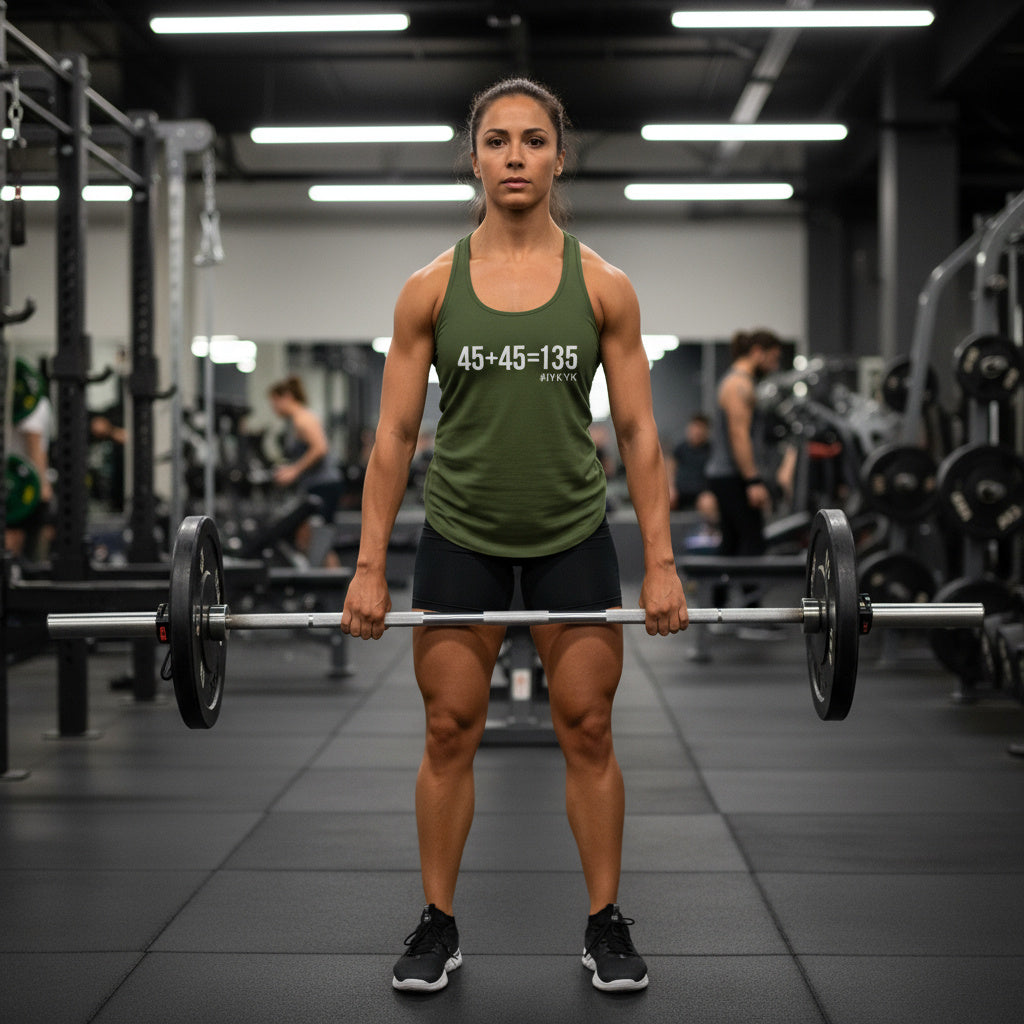 45 + 45 = 135 - Women's Ideal Racerback Tank - White Print Front