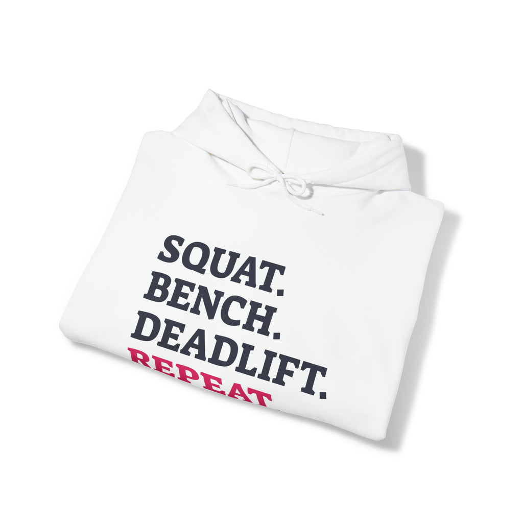 Squat Bench Deadlift Repeat - Unisex Heavy Blend Hooded Sweatshirt - Light Logo - Pink- Plain Black