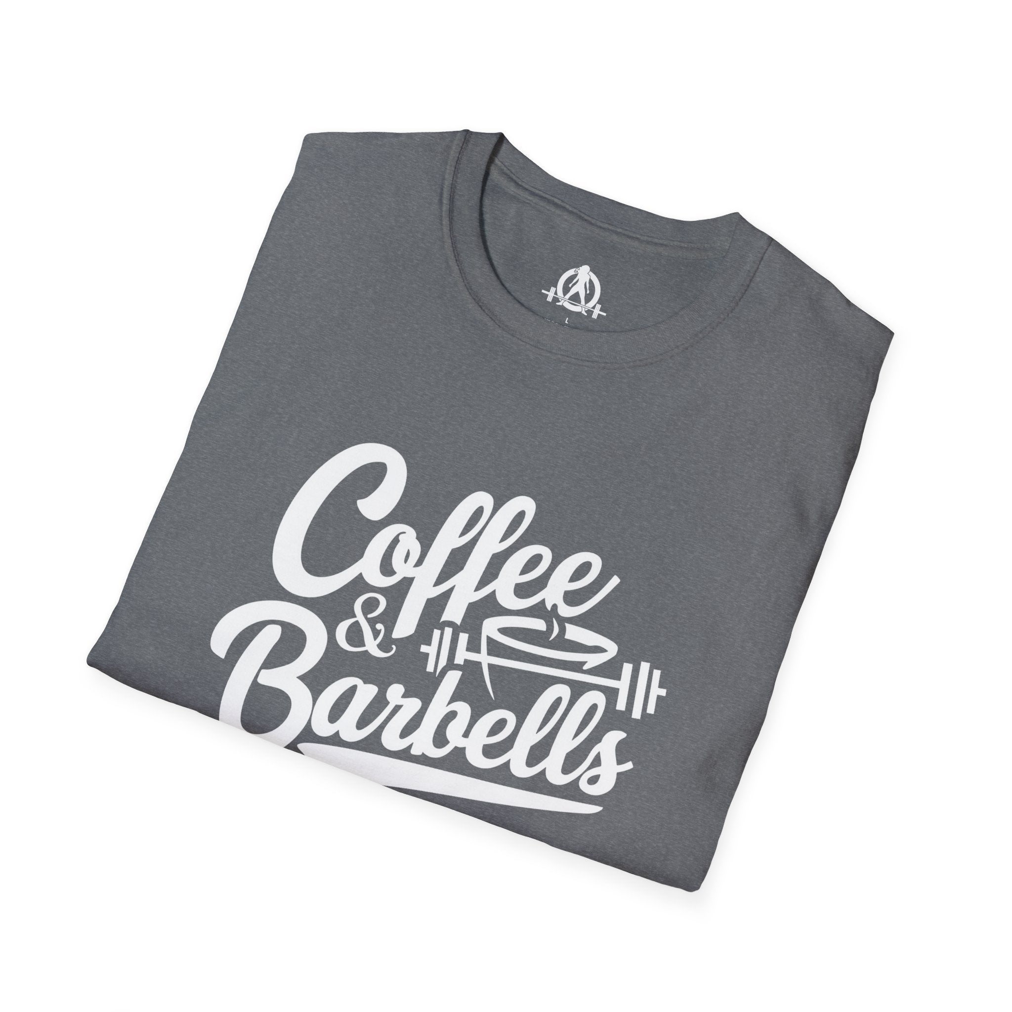 Coffee & Barbells - Unisex Softstyle T-Shirt - White Print on Front Plain Back