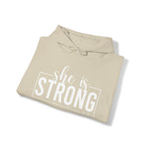 She is STRONG - Unisex Heavy Blend Hooded Sweatshirt - White Logo -  Plain Back