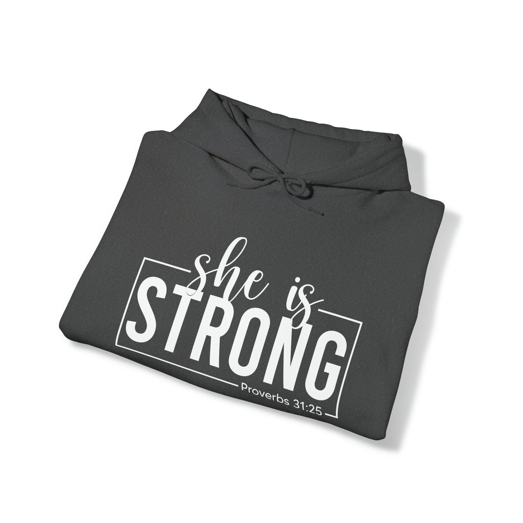 She is STRONG - Unisex Heavy Blend Hooded Sweatshirt - White Logo -  Plain Back