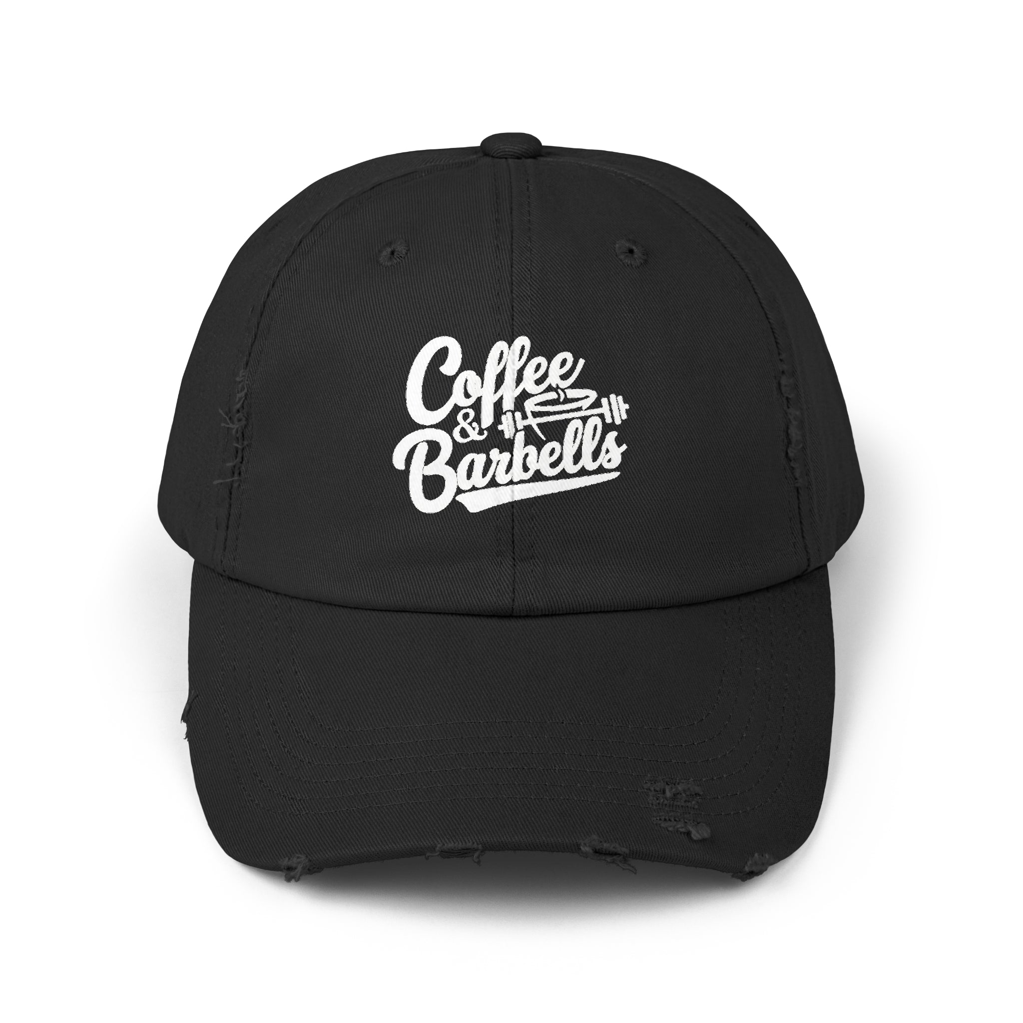Coffee & Barbells - Unisex Distressed Cap - White Logo