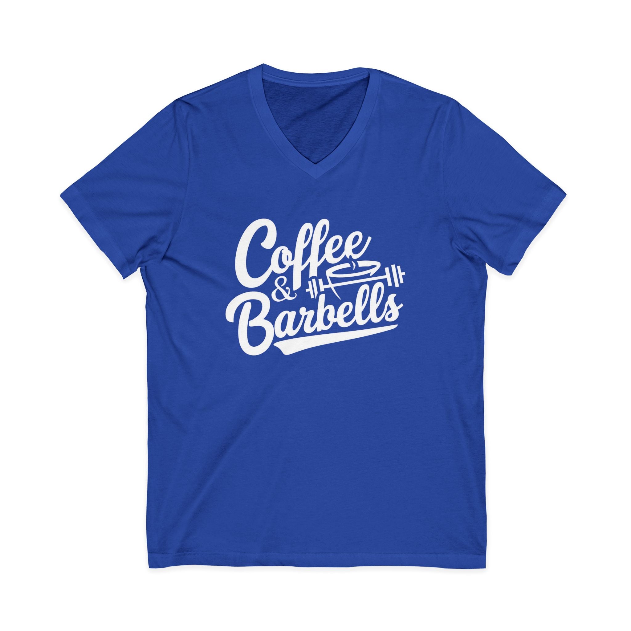 Coffee & Barbells - Unisex Jersey Short Sleeve V-Neck Tee - White Logo Plain Back