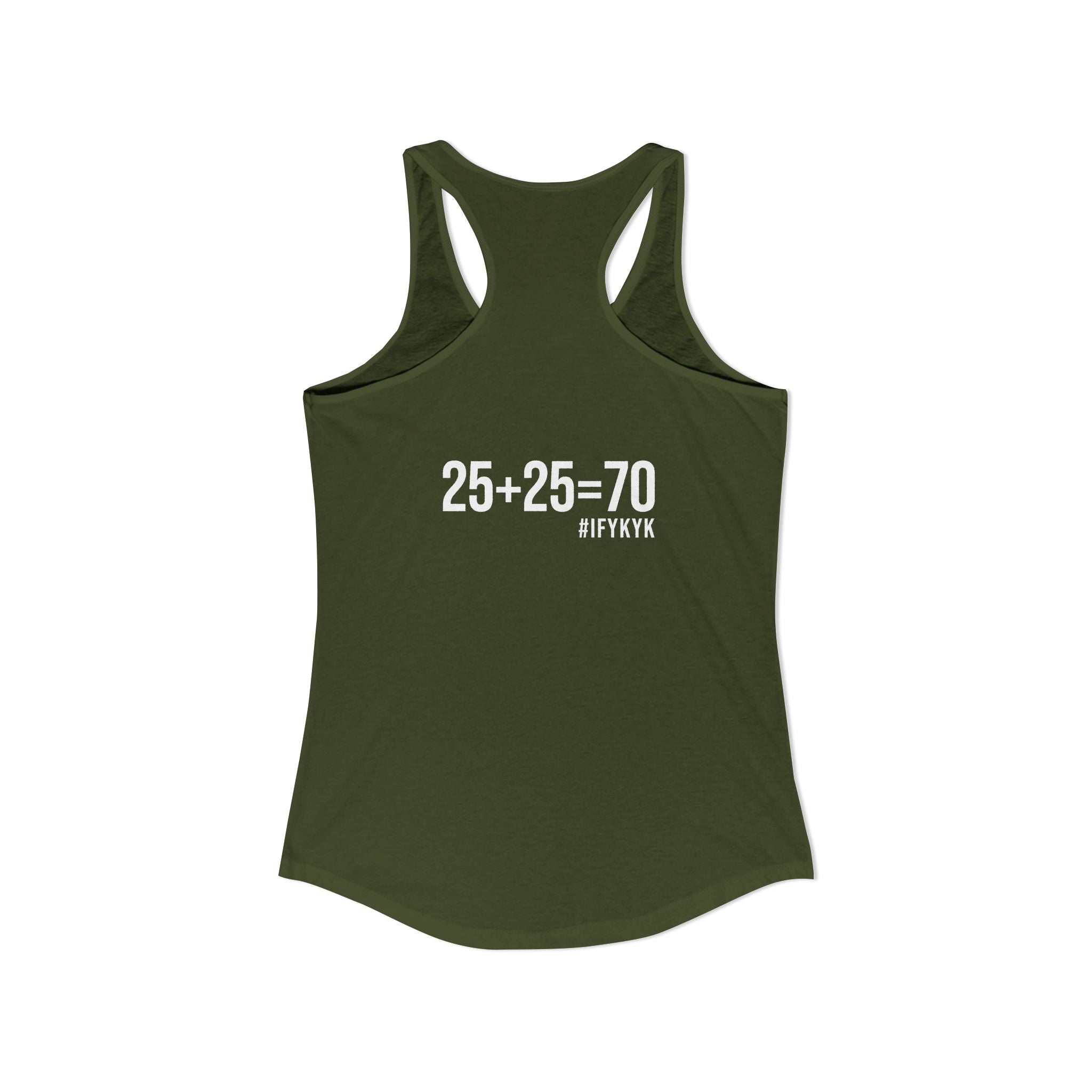 25 + 25 = 70 Women's Ideal Racerback Tank - White Print Front & Back