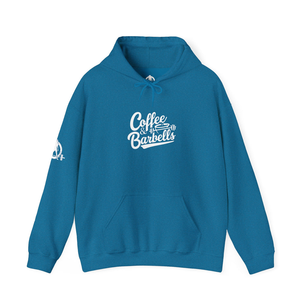 Coffee & Barbells - Unisex Heavy Blend Hooded Sweatshirt - White Logo on Front & Right Sleeve