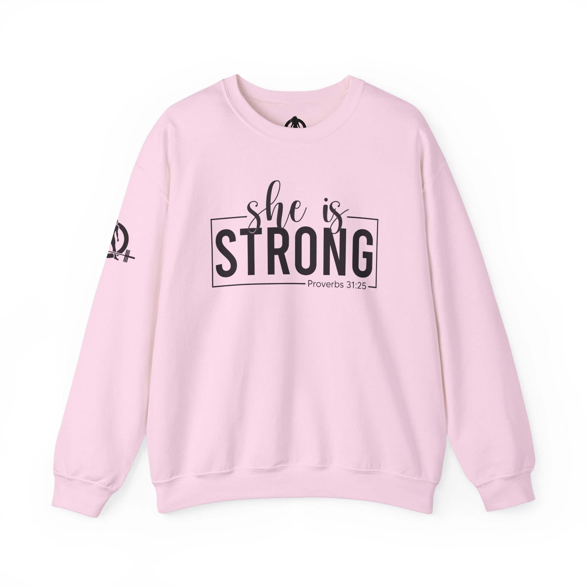 She is STRONG - Unisex Heavy Blend™ Crewneck Sweatshirt - Front Black Logo - Plain Back
