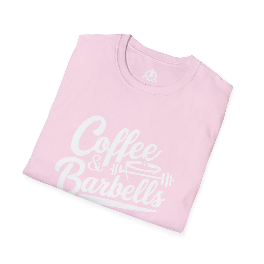 Coffee & Barbells - Unisex Softstyle T-Shirt - White Print on Front Plain Back
