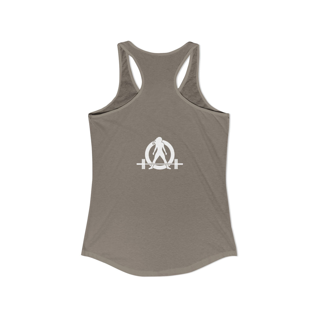 Strong Not Skinny - White Distressed Logo - Women's Ideal Racerback Tank - Front & Back Print