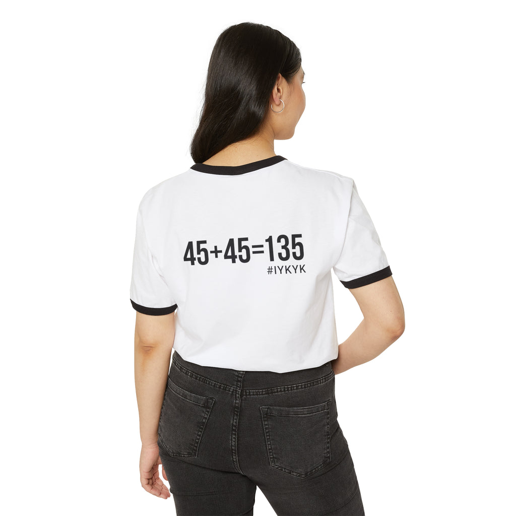 45 + 45 - Unisex Cotton Ringer T-Shirt - Black Logo Front & Back