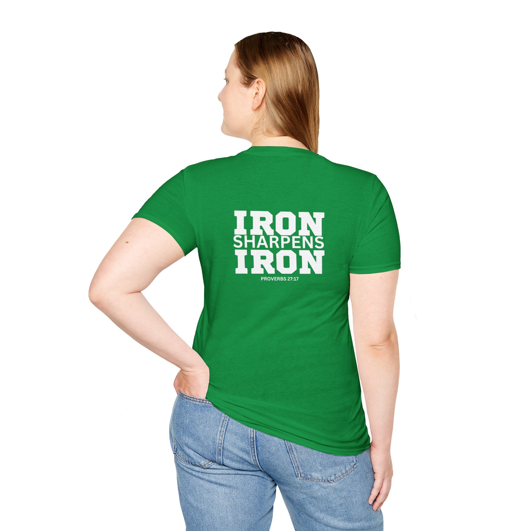 Iron Sharpens Iron - Unisex Softstyle T-Shirt - White Logo Front & Back