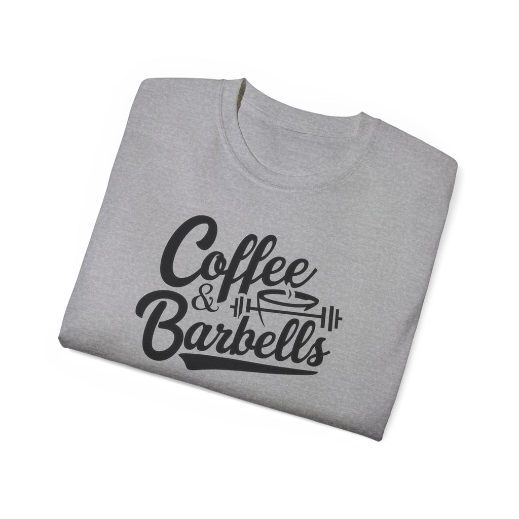 Coffee & Barbells - Unisex Ultra Cotton Tee - Front Black Logo - Plain Back