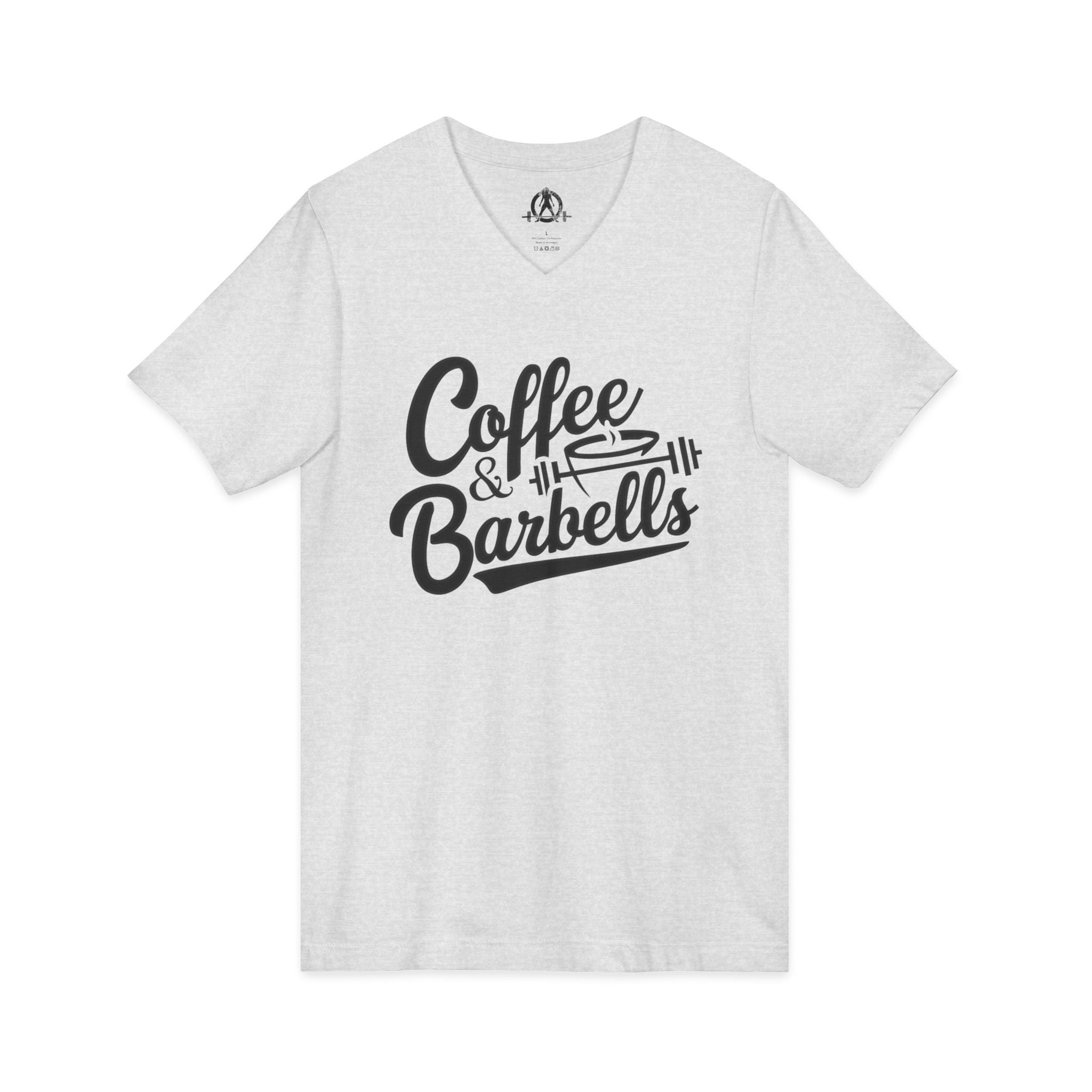 Coffee & Barbells - Unisex Jersey Short Sleeve V-Neck Tee - Black Logo Plain Back