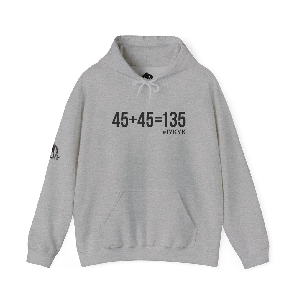 45 + 45 = 135 - Unisex Heavy Blend Hooded Sweatshirt  - Front Black & Shoulder Logo