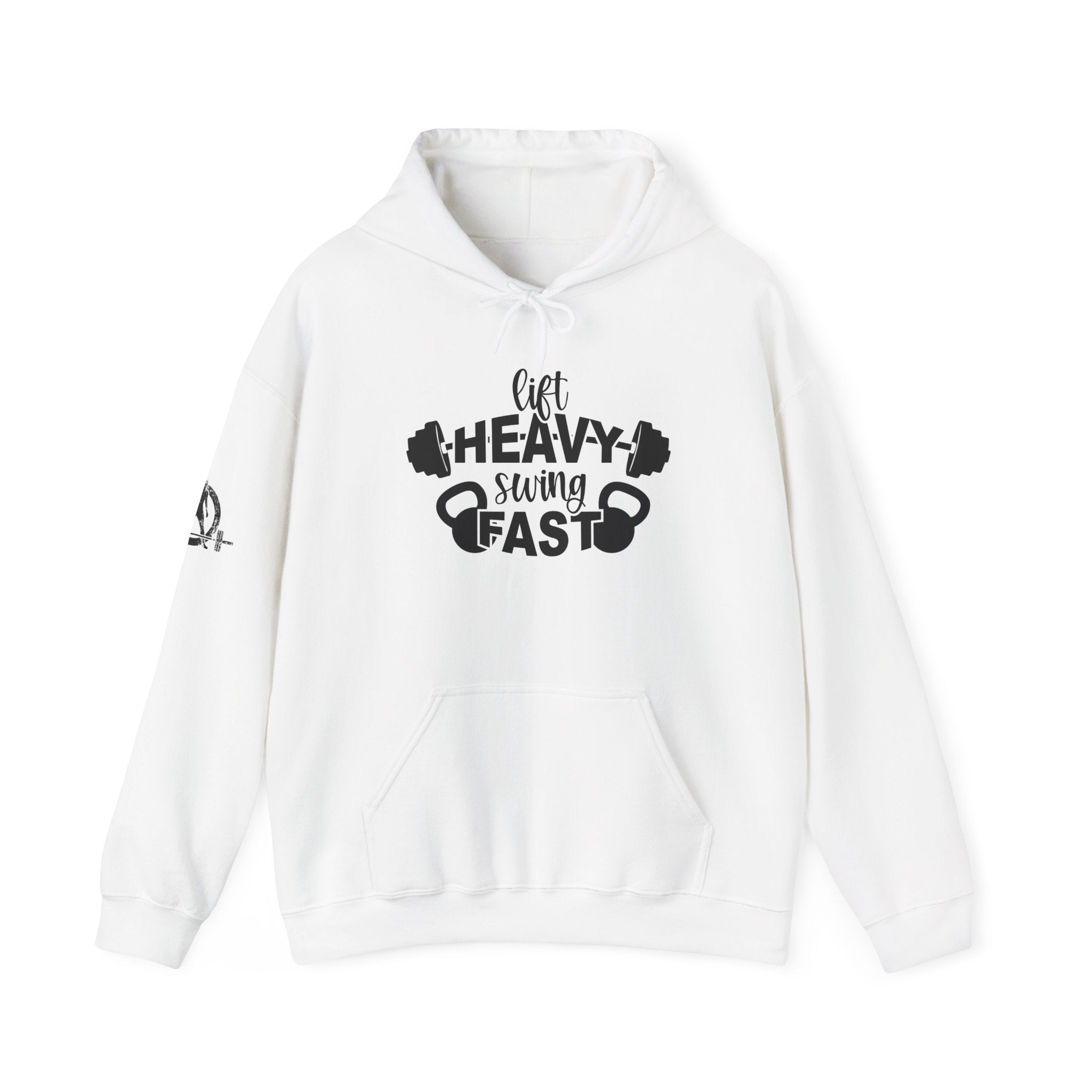 Lift Heavy Swing Fast - Unisex Heavy Blend Hooded Sweatshirt - Black Logo - Right Shoulder - Plain Back