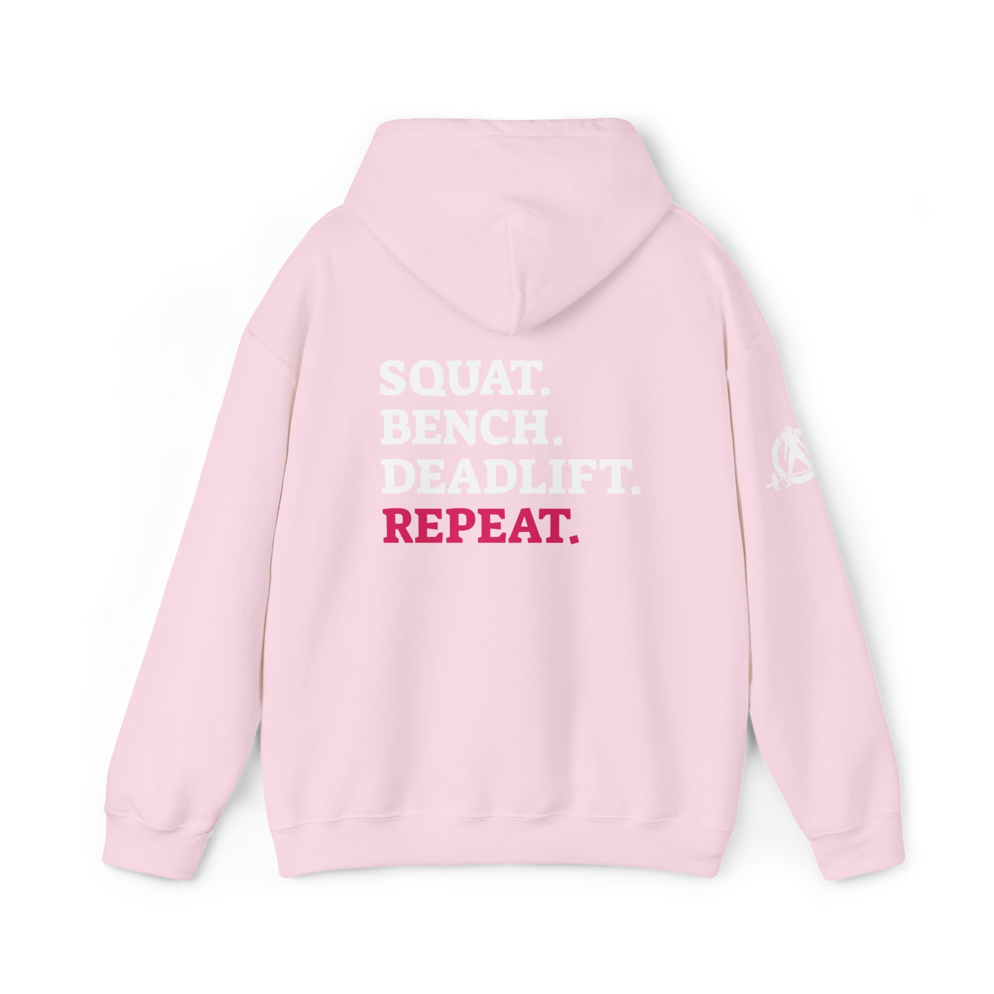 Squat Bench Deadlift Repeat - Unisex Heavy Blend Hooded Sweatshirt - Dark White Logo - Pink - SBDR on BACK