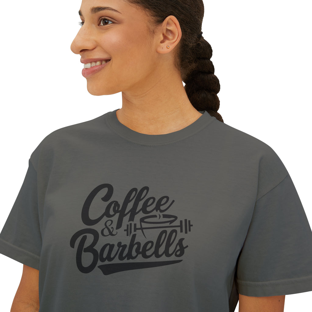 Coffee & Barbells - Women's Boxy Tee - Black Logo Front Plain Back