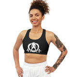 Seamless Sports Bra (AOP) - Black Top -  White Distressed Logo