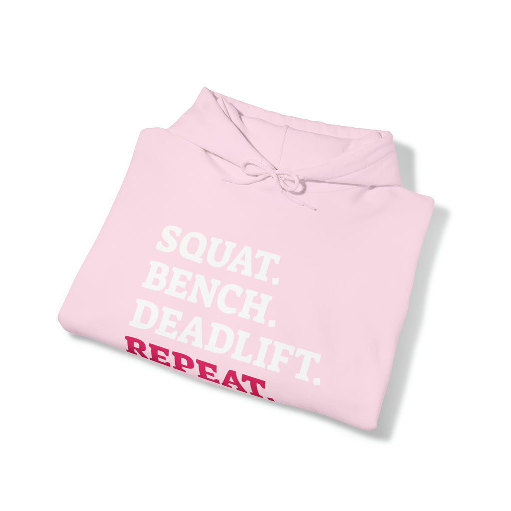 Squat Bench Deadlift Repeat - Unisex Heavy Blend Hooded Sweatshirt - Dark Logo - Pink - Plain Black