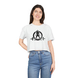 Distressed Collection - Women's Crop Tee - White - Front Black Distressed Logo