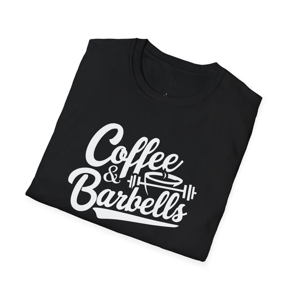 Coffee & Barbells - Unisex Softstyle T-Shirt - White Print on Front Plain Back