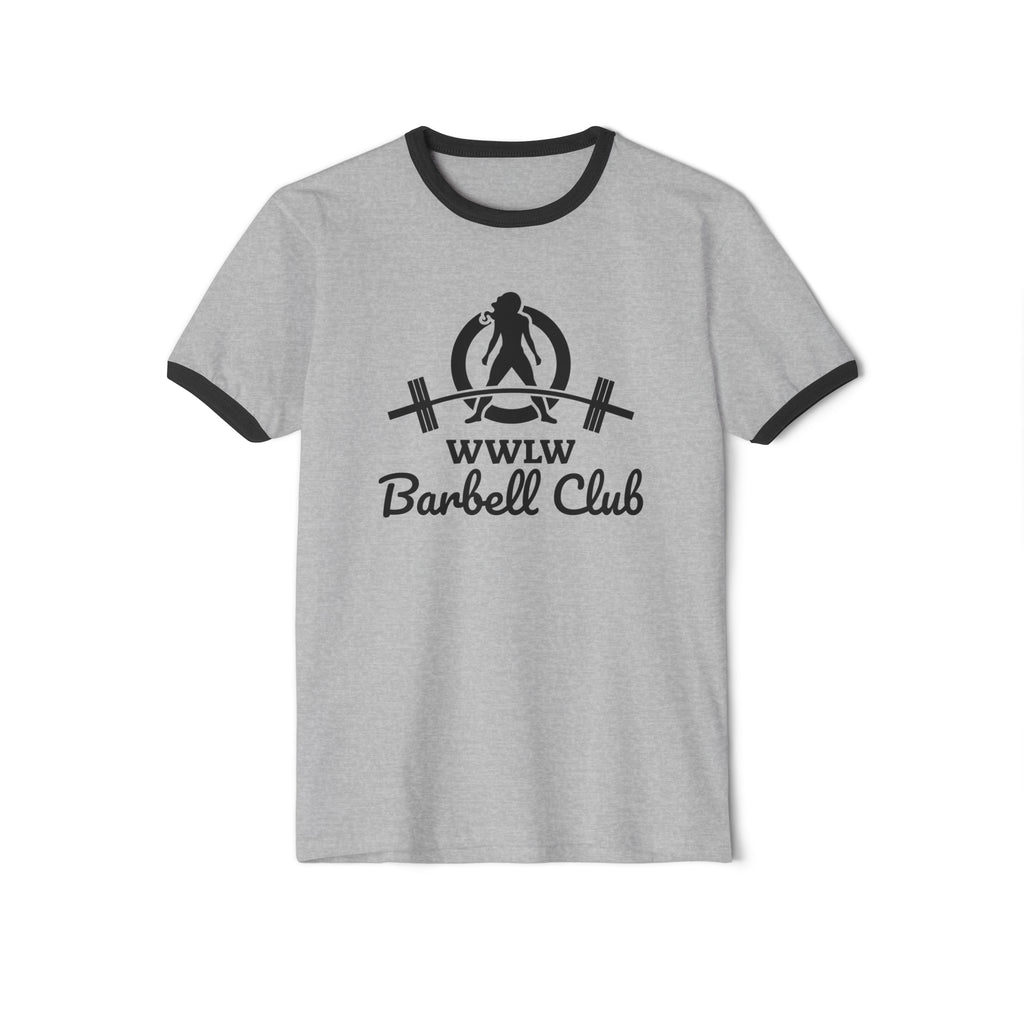WWLW Barbell Club - Unisex Cotton Ringer T-Shirt - Black Logo Plain Back