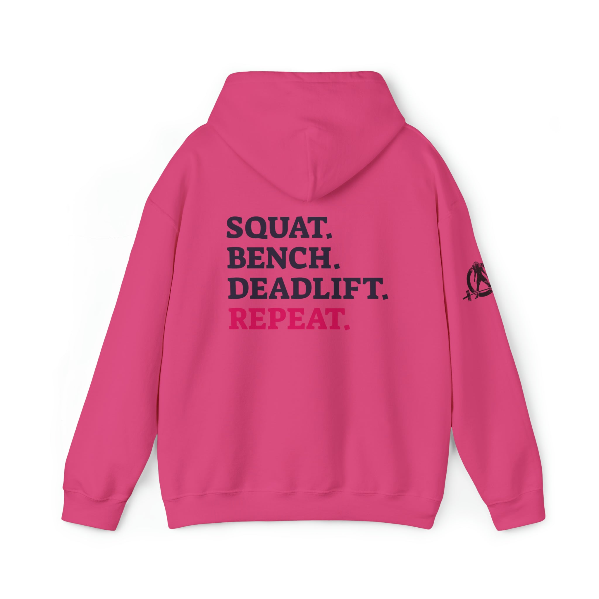 Squat Bench Deadlift Repeat - Unisex Heavy Blend Hooded Sweatshirt - Dark Black Logo - Pink - SBDR on BACK