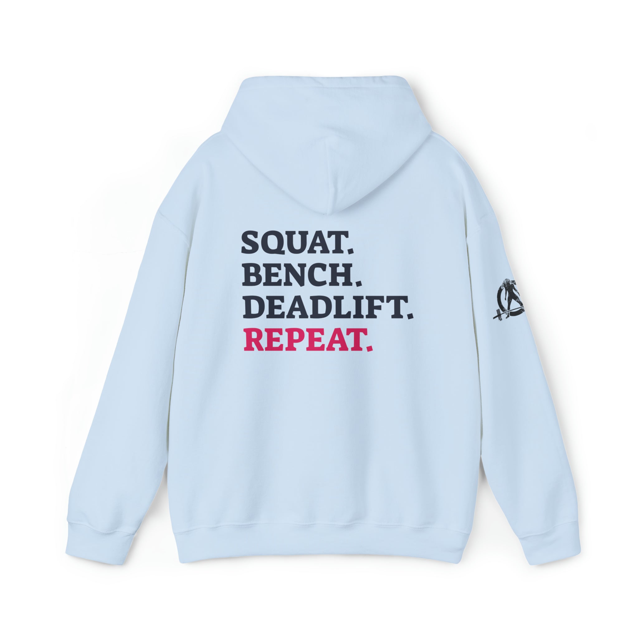 Squat Bench Deadlift Repeat - Unisex Heavy Blend Hooded Sweatshirt - Dark Black Logo - Pink - SBDR on BACK