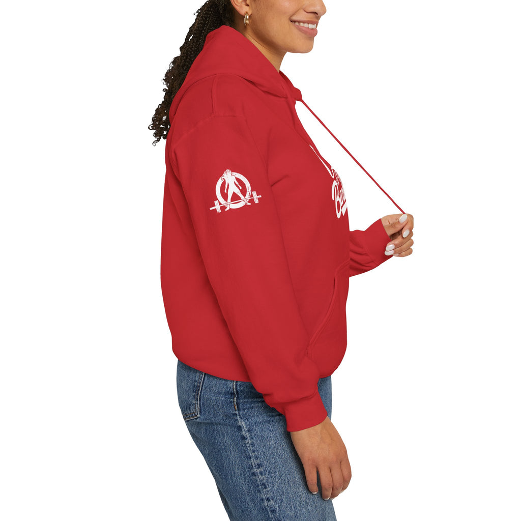 Coffee & Barbells - Unisex Heavy Blend Hooded Sweatshirt - White Logo on Front & Right Sleeve