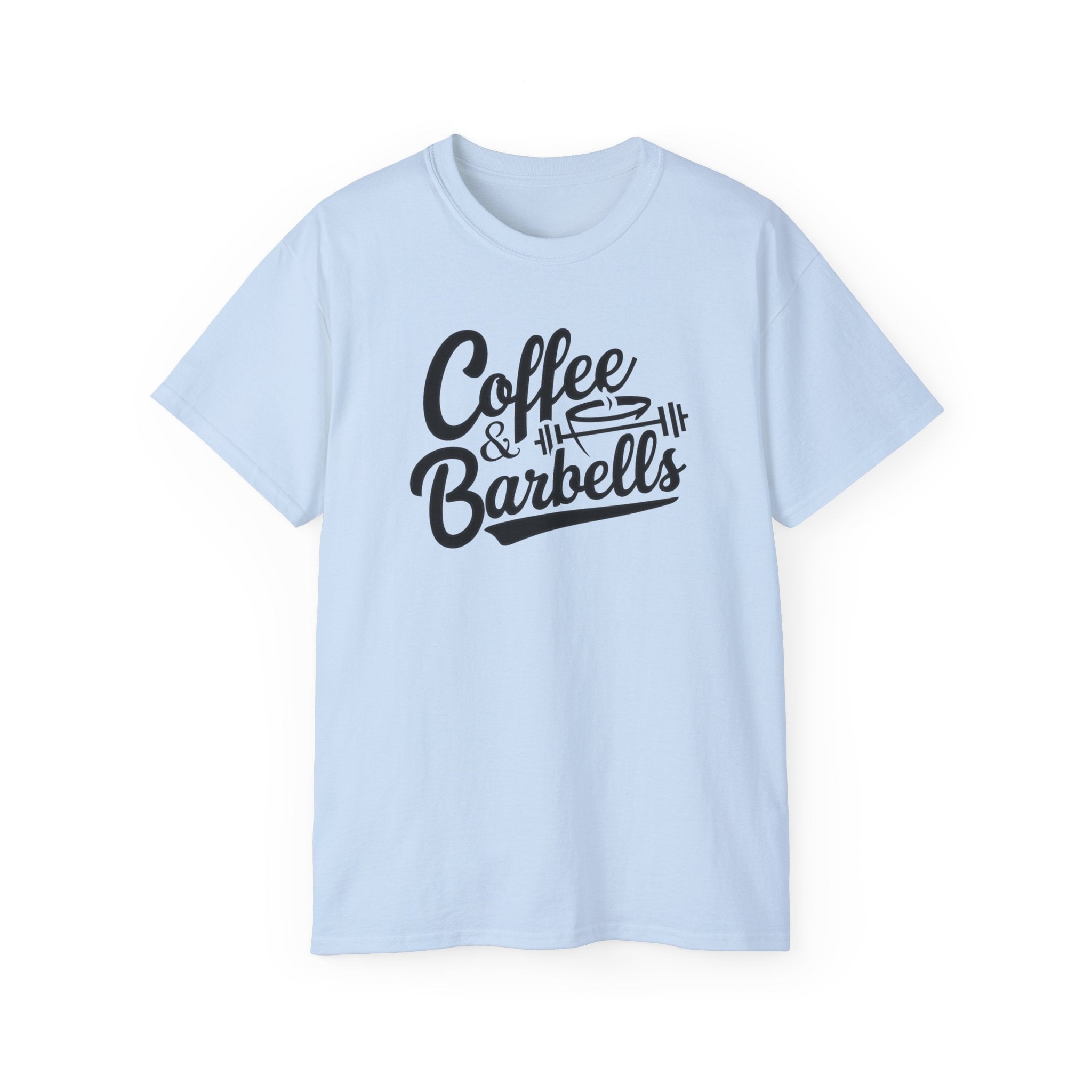 Coffee & Barbells - Unisex Ultra Cotton Tee - Front Black Logo - Plain Back