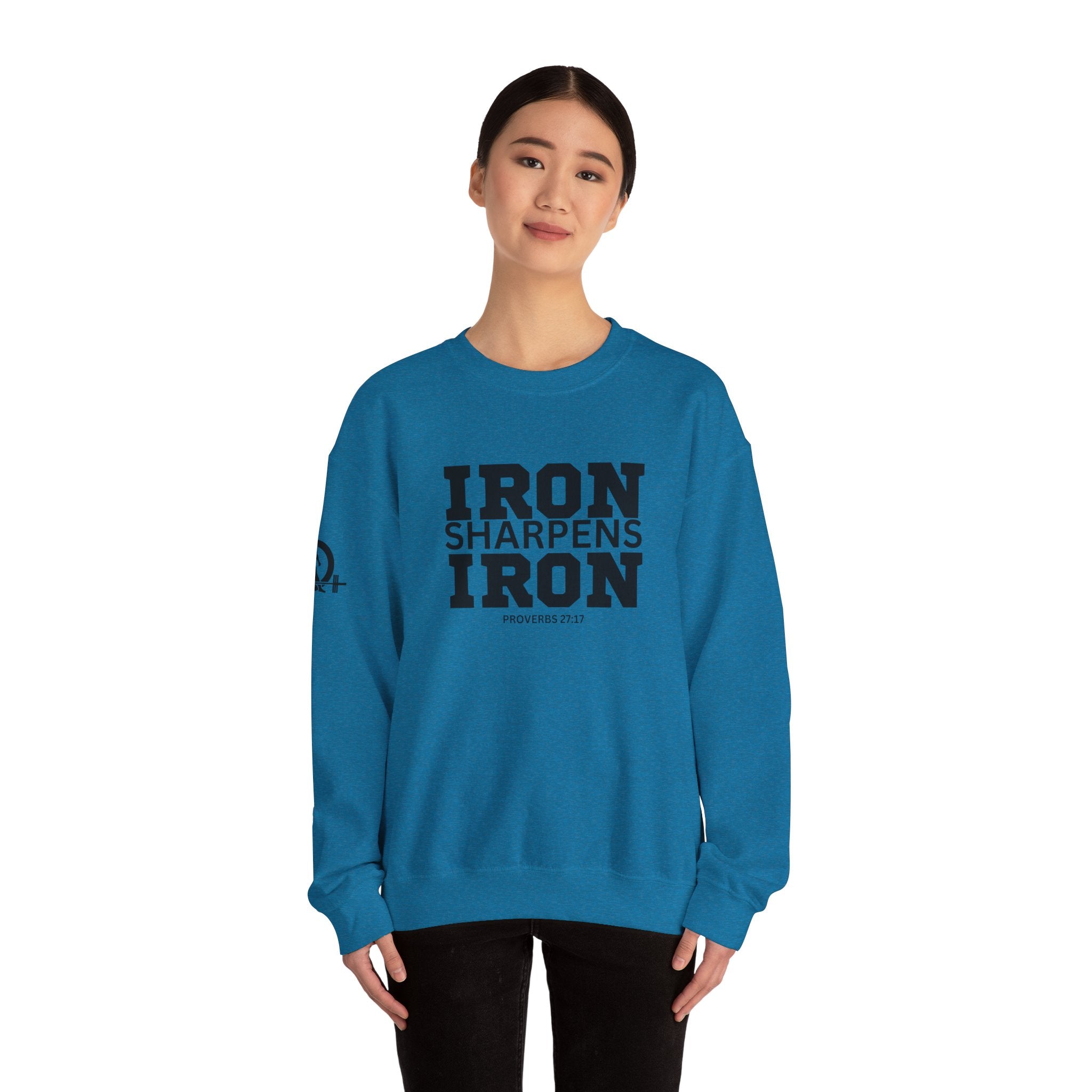 Iron Sharpens Iron - Unisex Heavy Blend™ Crewneck Sweatshirt - Front Black Logo - Plain Back