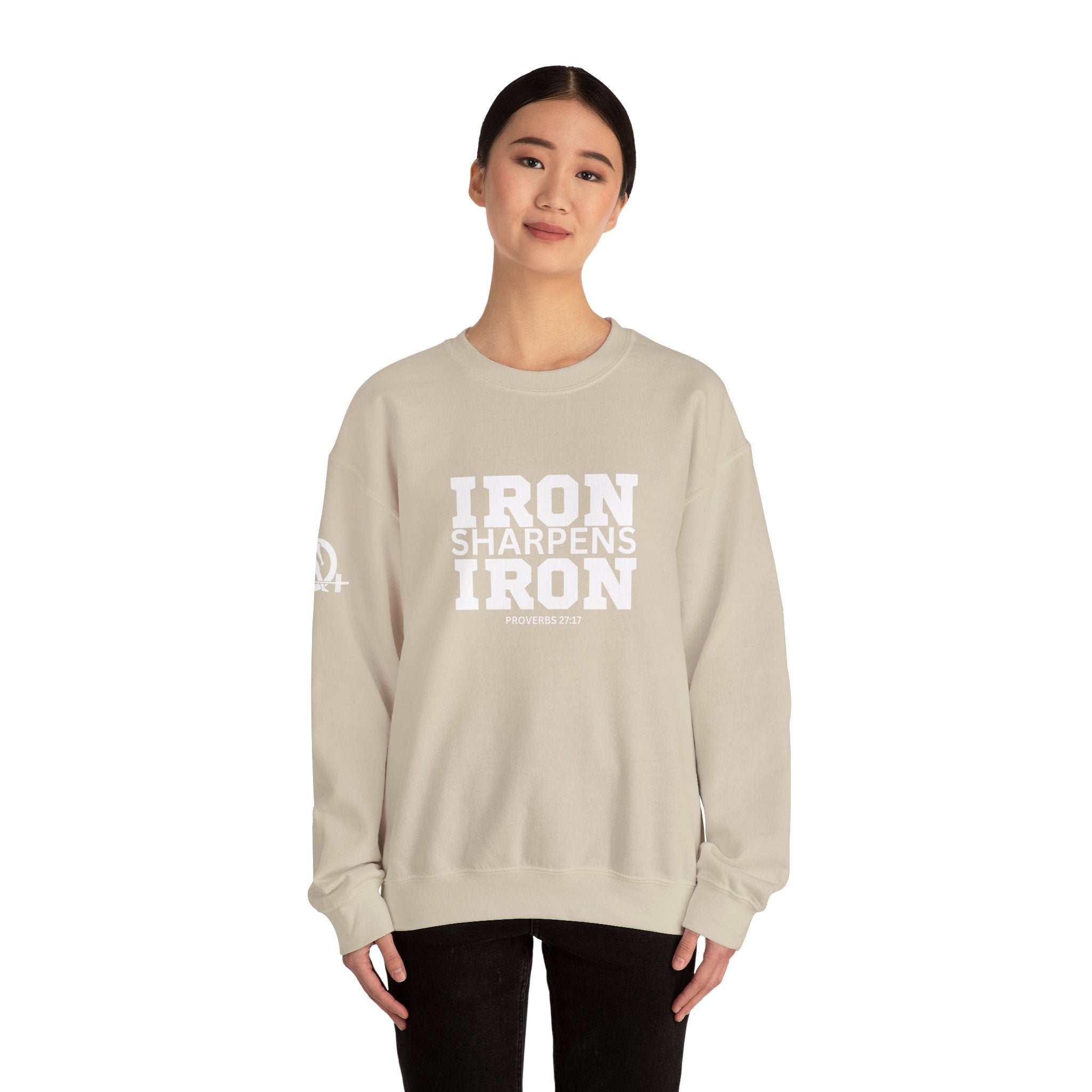 Iron Sharpens Iron - Unisex Heavy Blend™ Crewneck Sweatshirt - Front White Logo - Plain Back