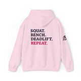 Squat Bench Deadlift Repeat - Unisex Heavy Blend Hooded Sweatshirt - Dark Black Logo - Pink - SBDR on BACK