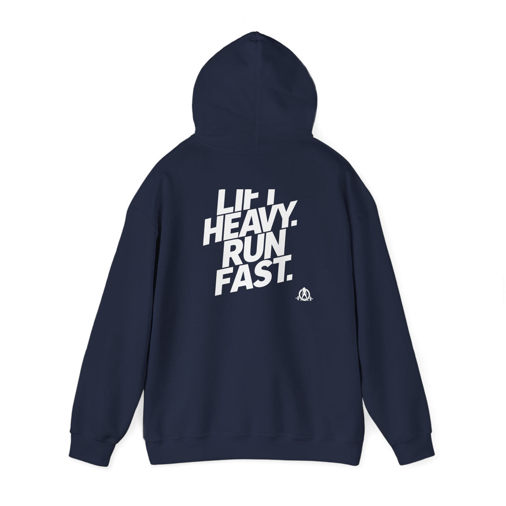 Lift Heavy Run Fast - Unisex Heavy Blend Hooded Sweatshirt - Front White & Back Logo
