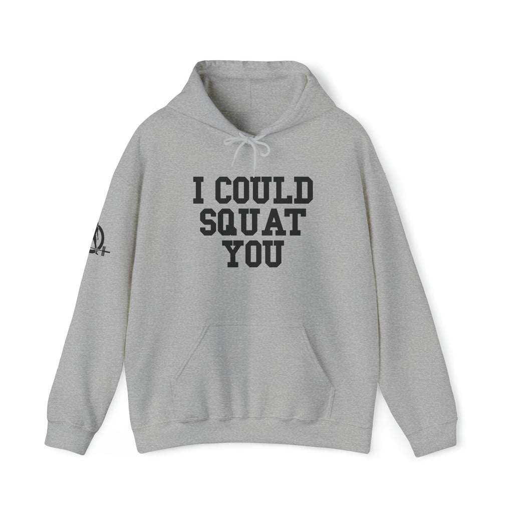 I Could Squat You - Classic Logo White - Unisex Heavy Blend Hooded Sweatshirt - Black Print on Front